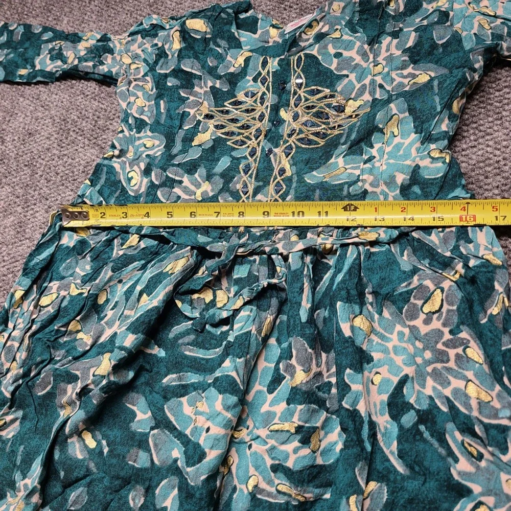 Kanchan Kids Teal Gold Foil Abstract Floral Embroidered Maxi Dress Size 40